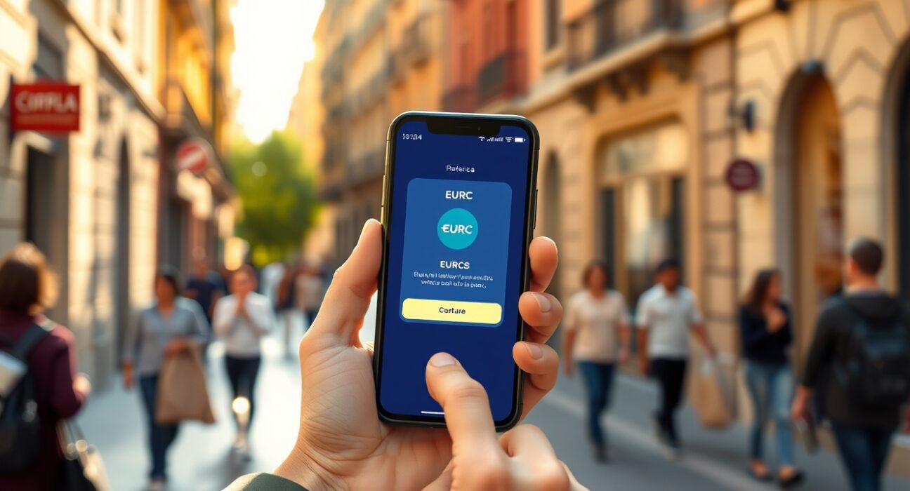 A person in Spain using a smartphone for a EURC stablecoin retail payment, highlighting the leading role of Spain in Europe's digital currency adoption.
