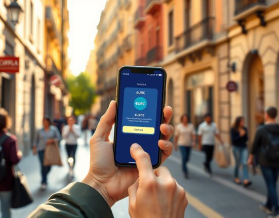 A person in Spain using a smartphone for a EURC stablecoin retail payment, highlighting the leading role of Spain in Europe's digital currency adoption.