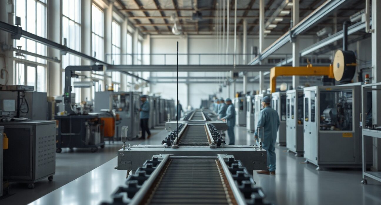Interior of a modern factory in Spain with workers and machinery, representing the manufacturing sector.