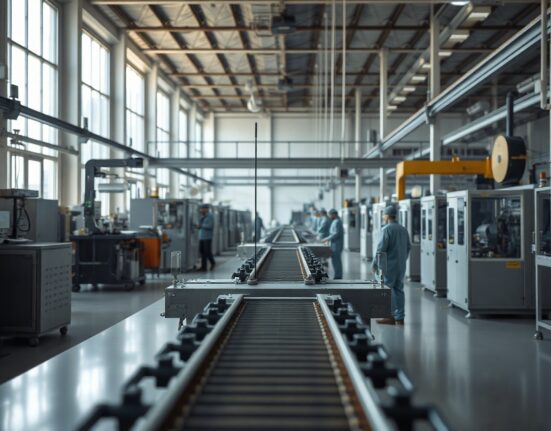 Interior of a modern factory in Spain with workers and machinery, representing the manufacturing sector.