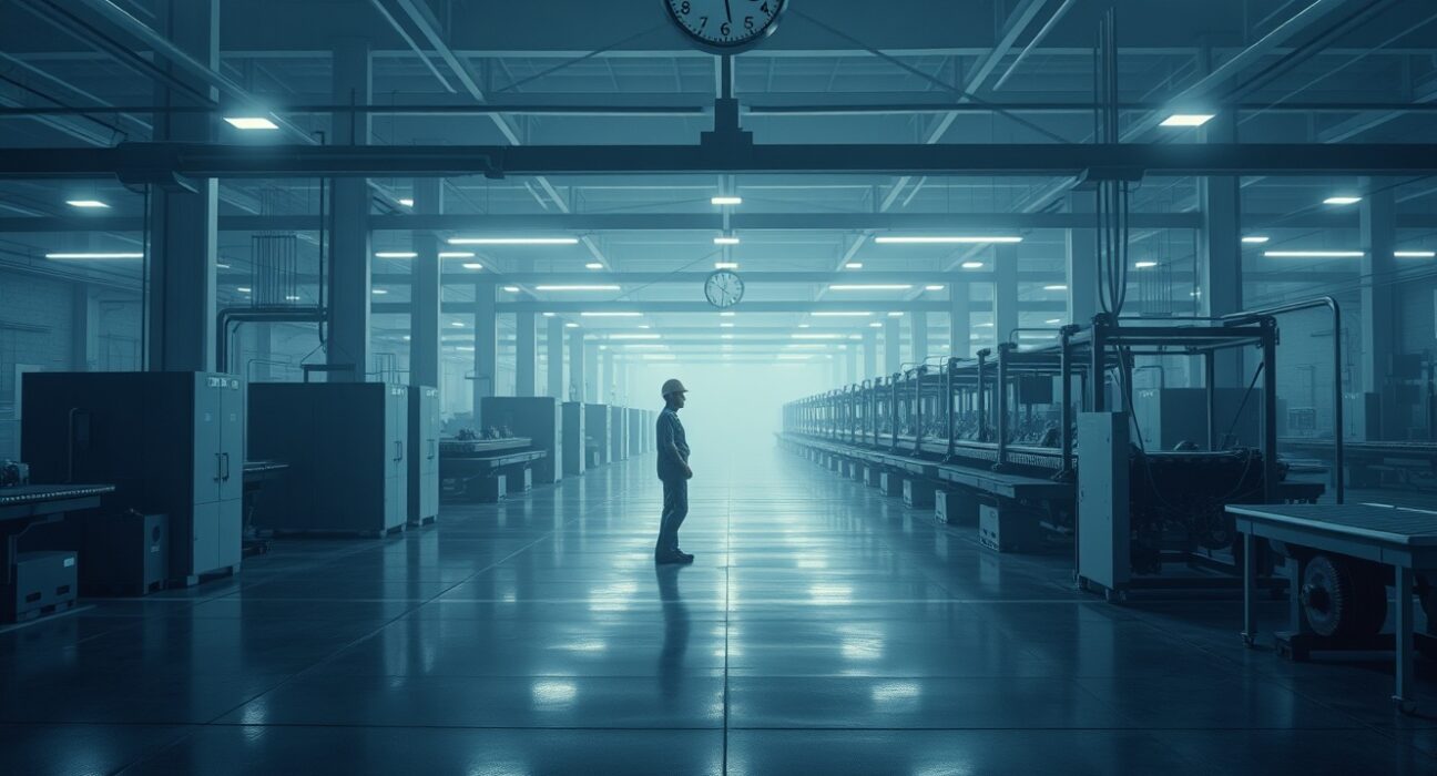 Empty factory floor in Spain with a single worker near an idle assembly line, representing manufacturing contraction