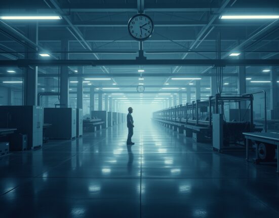 Empty factory floor in Spain with a single worker near an idle assembly line, representing manufacturing contraction