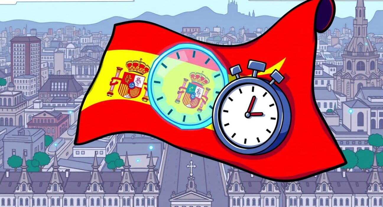 Spain MiCA compliance urgency shown as a cartoon of a clock and blockchain merging with the Spanish flag.
