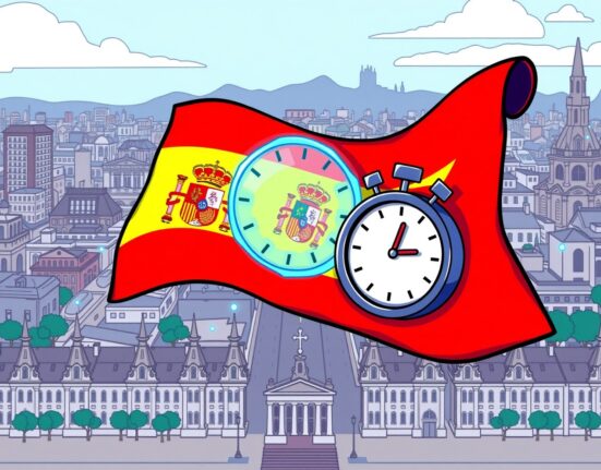 Spain MiCA compliance urgency shown as a cartoon of a clock and blockchain merging with the Spanish flag.
