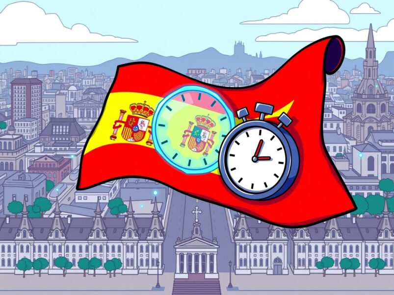Spain MiCA compliance urgency shown as a cartoon of a clock and blockchain merging with the Spanish flag.