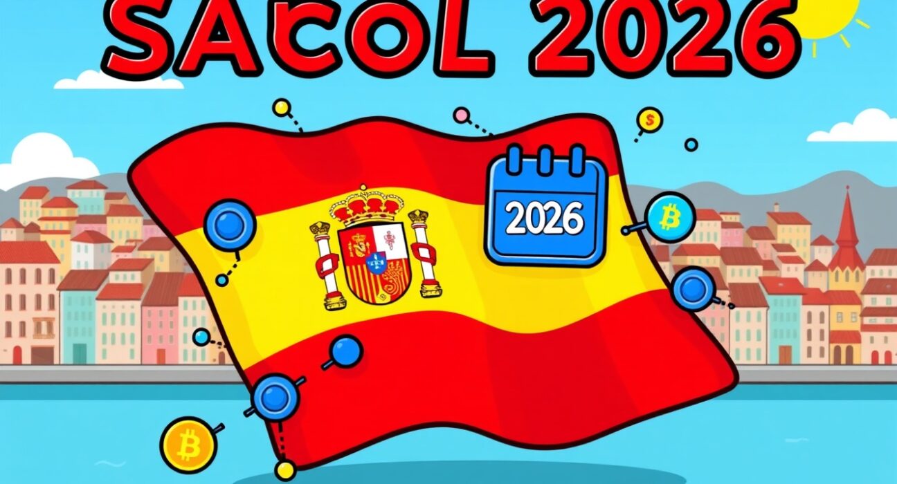 Cartoon illustration of Spain implementing MiCA regulation with blockchain elements and calendar
