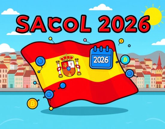 Cartoon illustration of Spain implementing MiCA regulation with blockchain elements and calendar