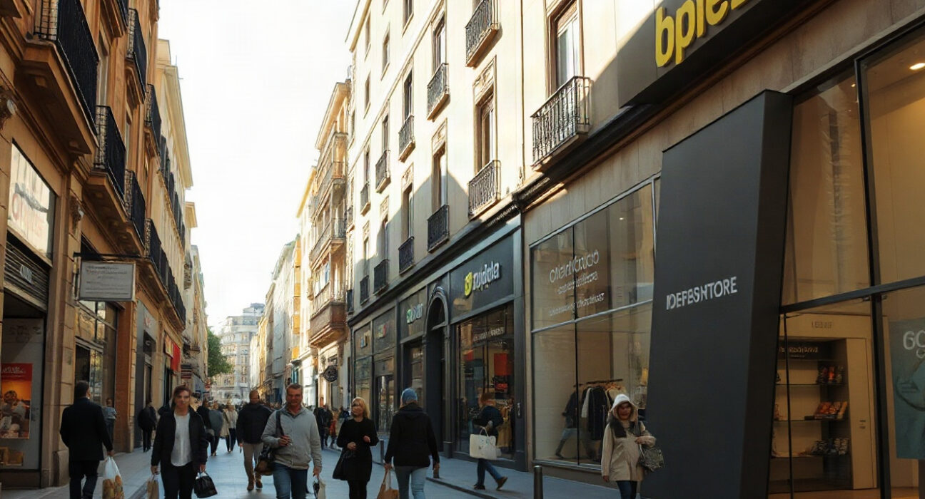 Shoppers walking on a commercial street in Spain, reflecting retail activity.