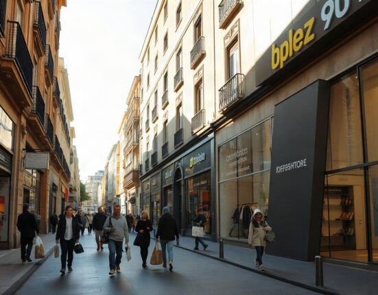 Shoppers walking on a commercial street in Spain, reflecting retail activity.