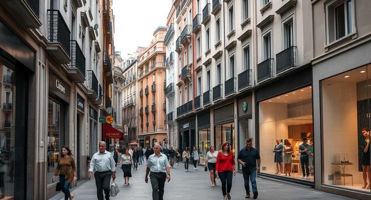 Shoppers on a Madrid street with retail storefronts under overcast sky, reflecting slowing retail sales growth.