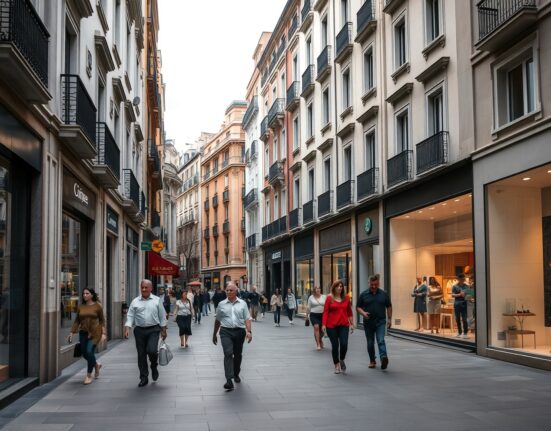 Shoppers on a Madrid street with retail storefronts under overcast sky, reflecting slowing retail sales growth.
