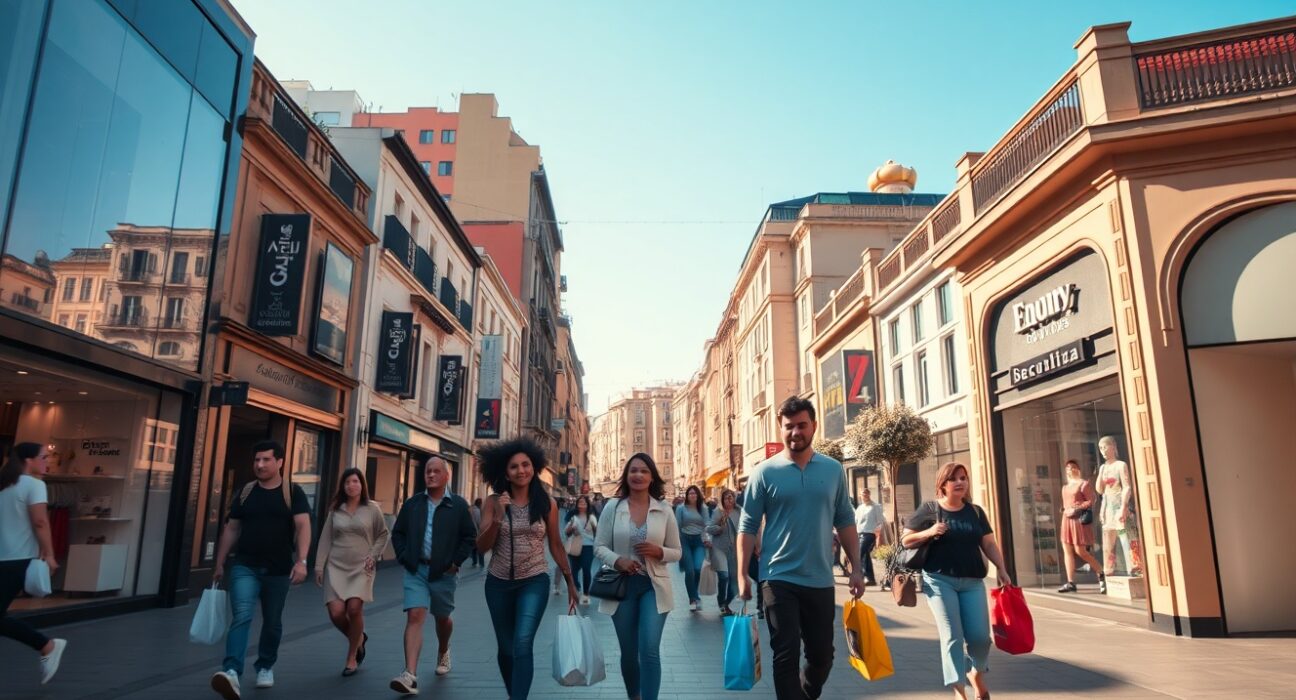 Busy shopping street in Madrid with consumers walking and carrying bags on a sunny afternoon