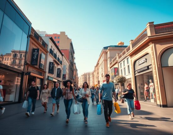 Busy shopping street in Madrid with consumers walking and carrying bags on a sunny afternoon