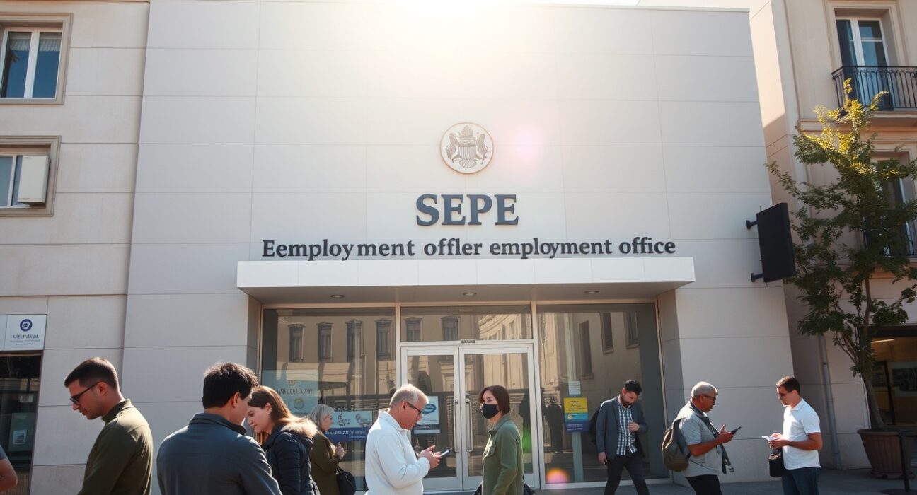 Exterior of a Spanish SEPE employment office on a sunny day, with people nearby.