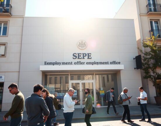 Exterior of a Spanish SEPE employment office on a sunny day, with people nearby.