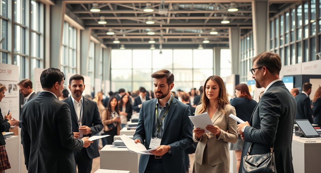 Job fair in Madrid with job seekers and recruiters discussing employment opportunities.