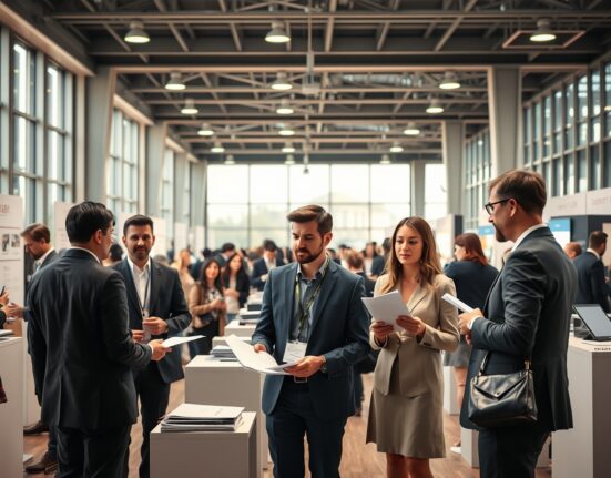 Job fair in Madrid with job seekers and recruiters discussing employment opportunities.