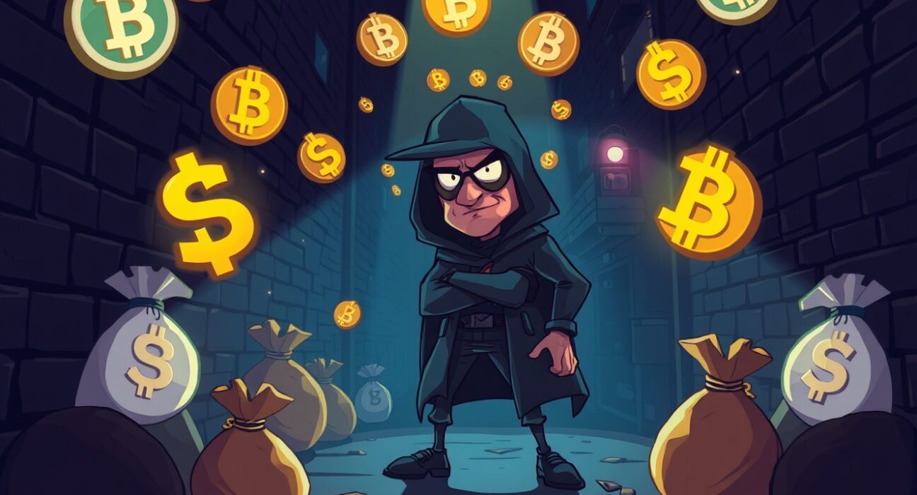 Cartoon illustration of a crypto scammer being apprehended by police with cryptocurrency symbols in background