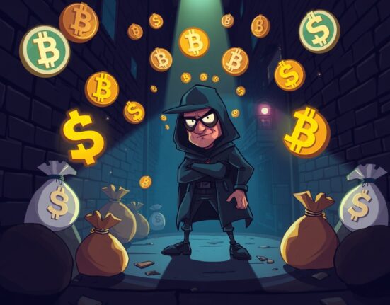 Cartoon illustration of a crypto scammer being apprehended by police with cryptocurrency symbols in background