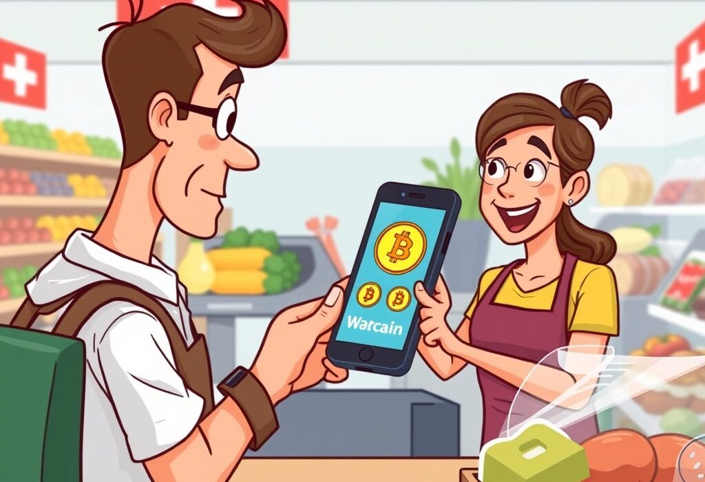 A customer makes a crypto payment at a Spar Switzerland supermarket checkout, symbolizing the widespread cryptocurrency adoption in retail.