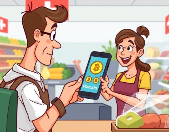 A customer makes a crypto payment at a Spar Switzerland supermarket checkout, symbolizing the widespread cryptocurrency adoption in retail.