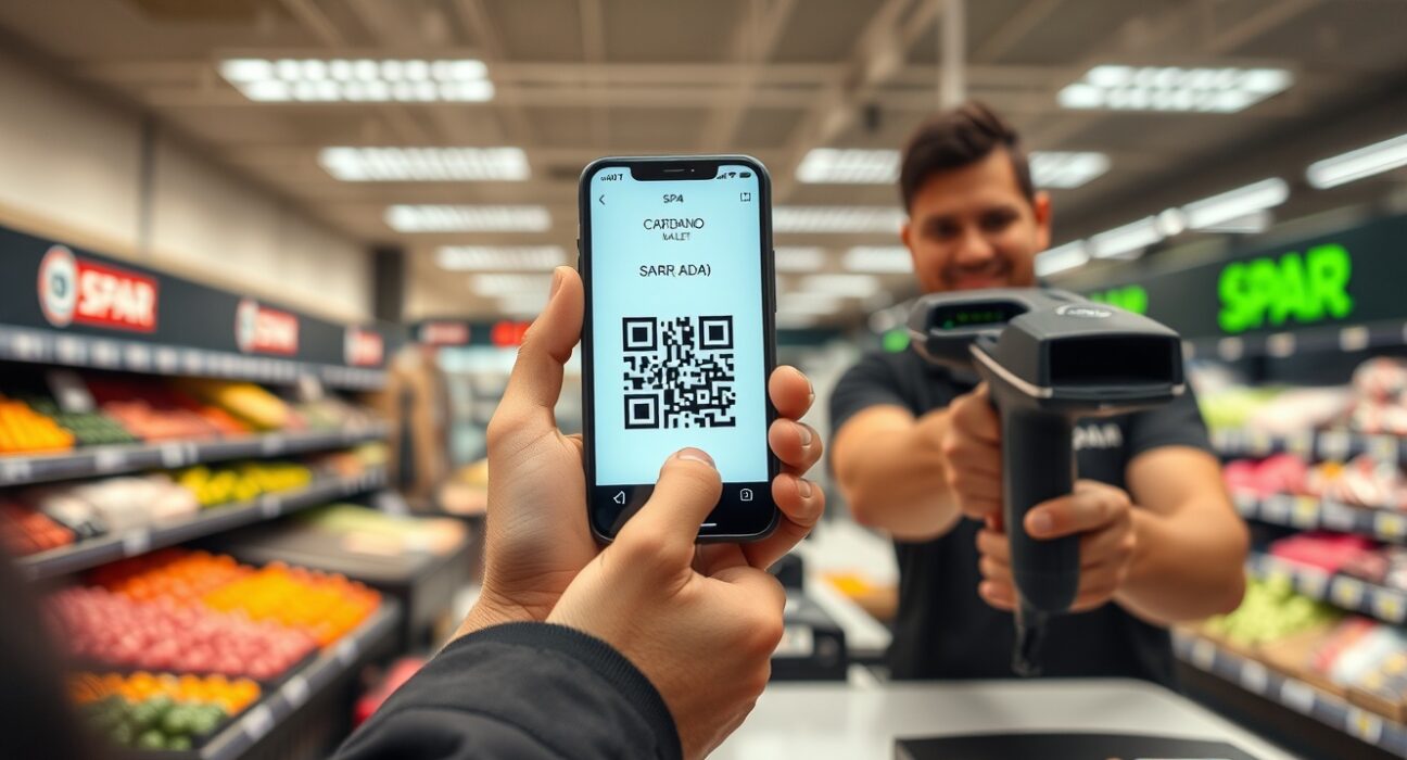 Customer using Cardano ADA cryptocurrency to pay at SPAR supermarket checkout in Switzerland