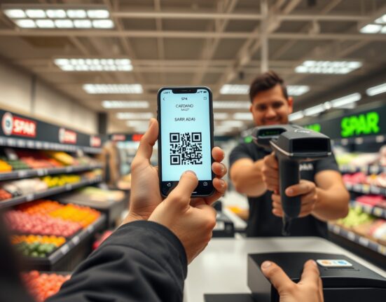 Customer using Cardano ADA cryptocurrency to pay at SPAR supermarket checkout in Switzerland