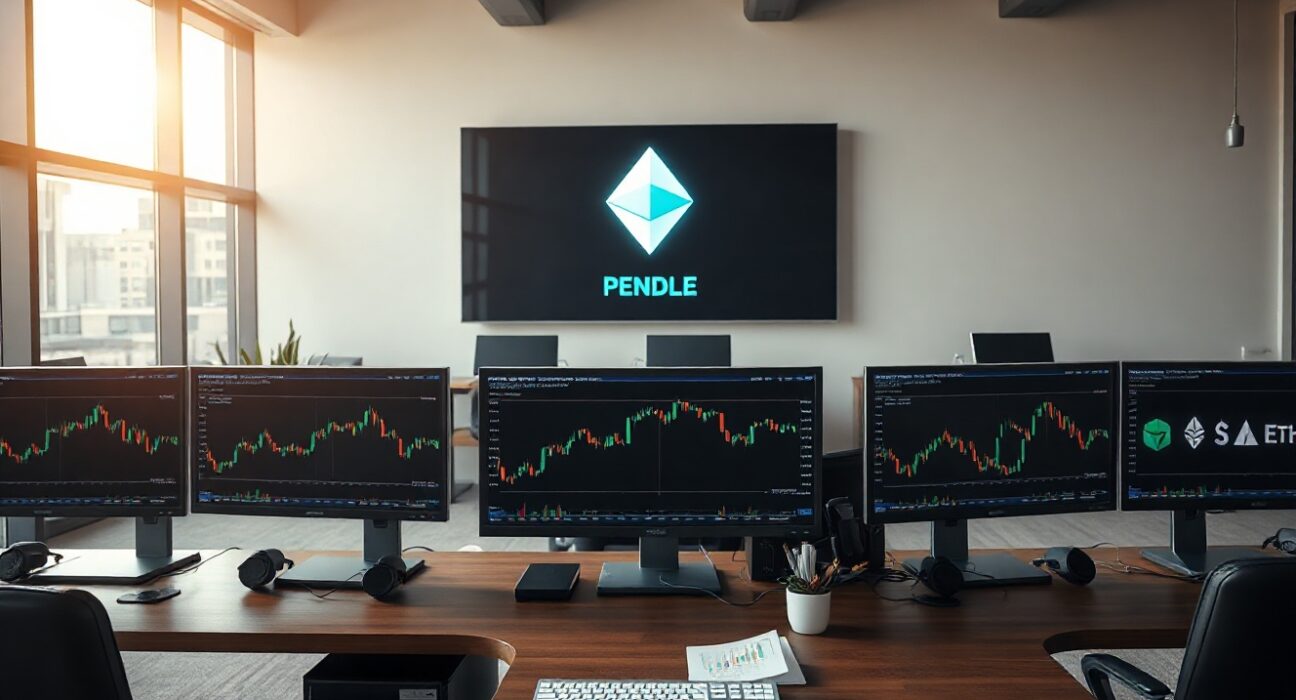 Crypto trading desk with monitors showing PENDLE, SYRUP, and ETHFI token charts.