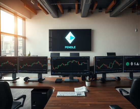 Crypto trading desk with monitors showing PENDLE, SYRUP, and ETHFI token charts.