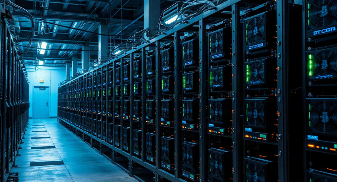 Bitcoin mining machines in a data center, representing Sphere 3D's equipment tariff issue.