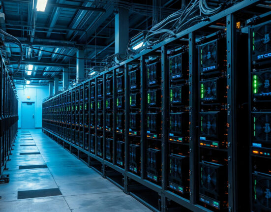 Bitcoin mining machines in a data center, representing Sphere 3D's equipment tariff issue.