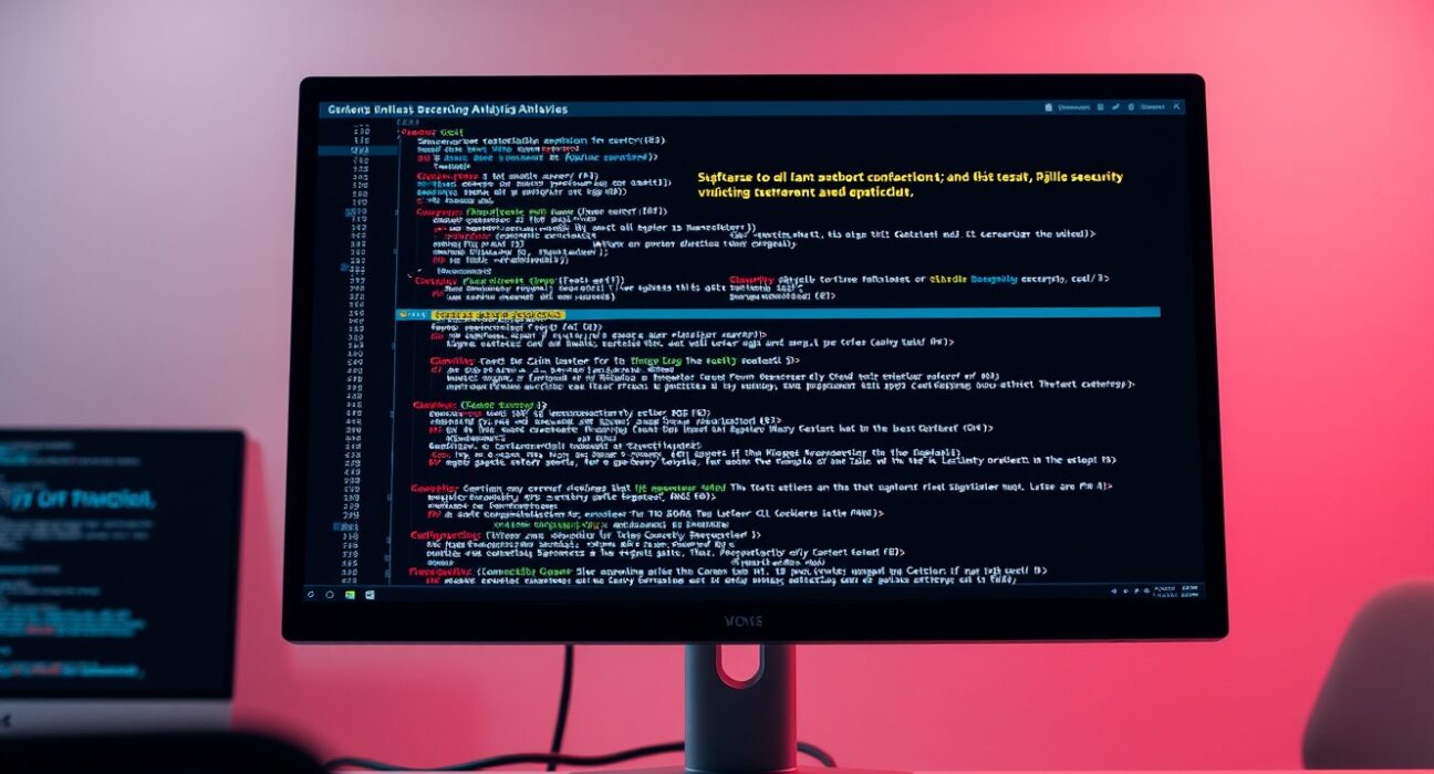 AI code analysis tool detecting security vulnerabilities in Bitcoin open-source code on a computer screen.