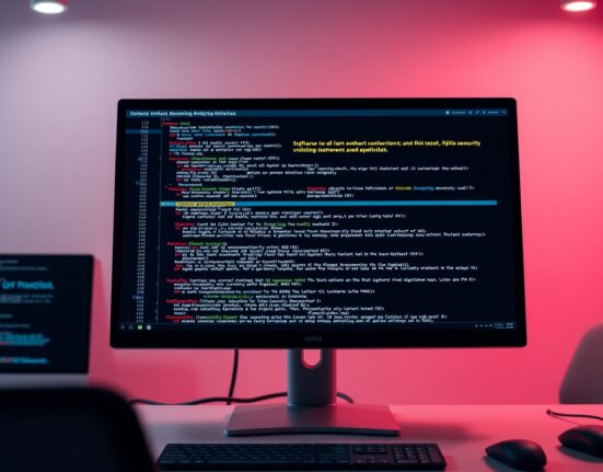 AI code analysis tool detecting security vulnerabilities in Bitcoin open-source code on a computer screen.