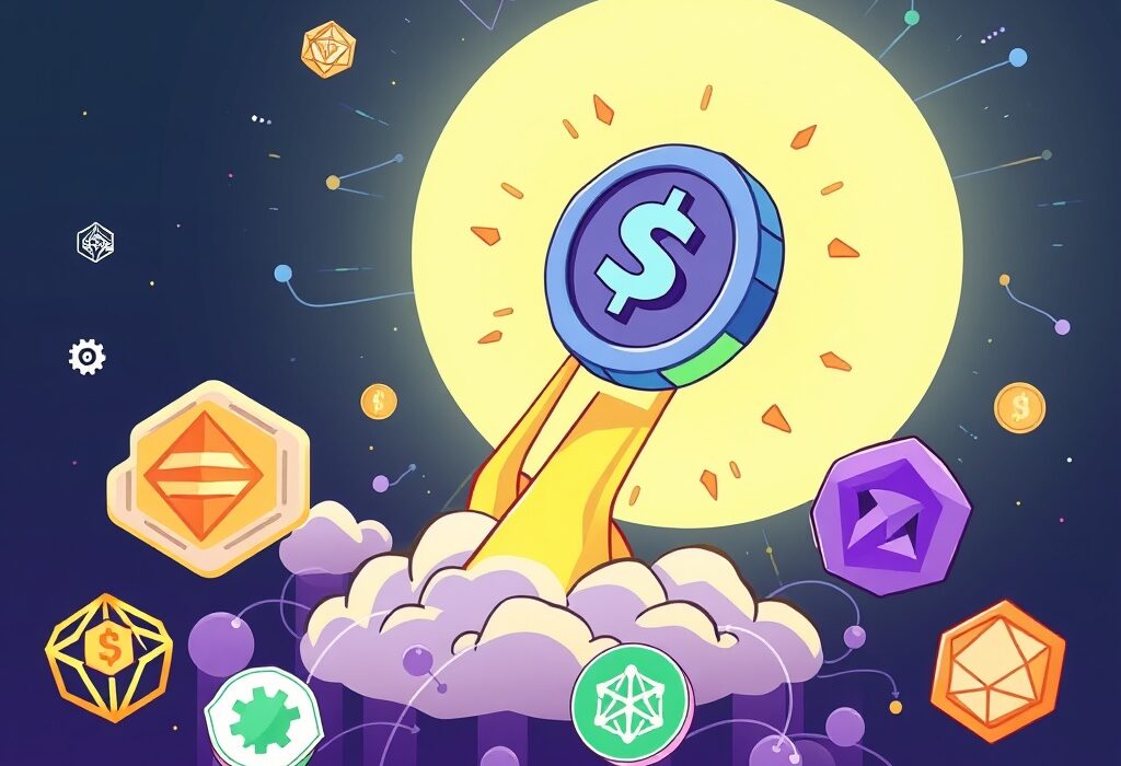 A cartoon illustration of the SPON token launching, symbolizing its entry into the crypto market for decentralized AI and Web3.