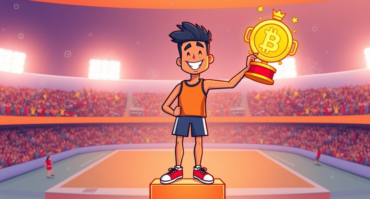 A triumphant cartoon athlete celebrates the FUN token sale launch on the Sport.Fun platform.