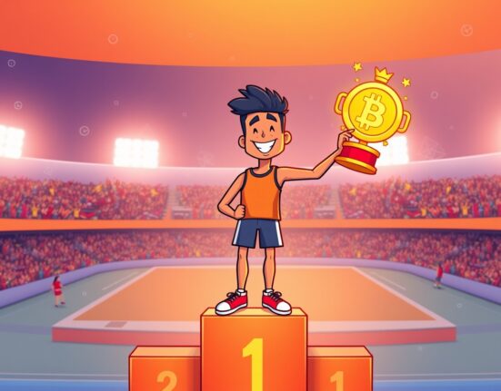 A triumphant cartoon athlete celebrates the FUN token sale launch on the Sport.Fun platform.