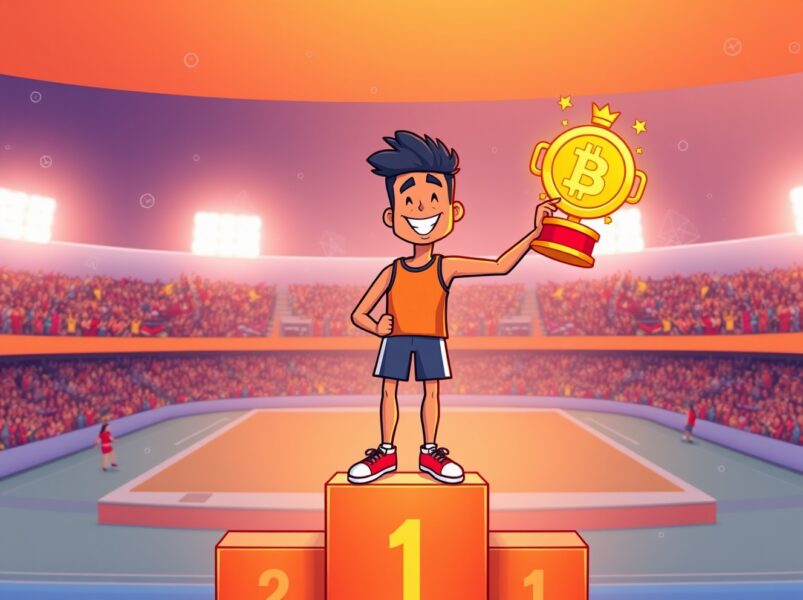 A triumphant cartoon athlete celebrates the FUN token sale launch on the Sport.Fun platform.