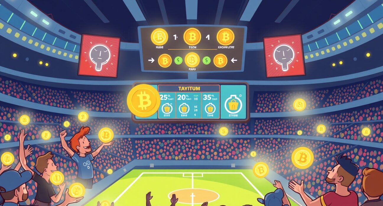 Cartoon illustration of the exciting Sport.Fun FUN token sale in a vibrant digital stadium.