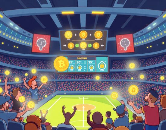 Cartoon illustration of the exciting Sport.Fun FUN token sale in a vibrant digital stadium.