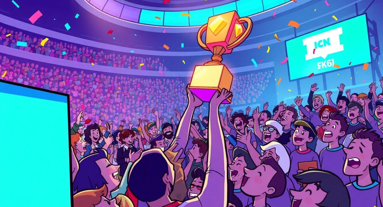 Celebratory cartoon scene of a successful FUN token sale in a vibrant digital stadium.