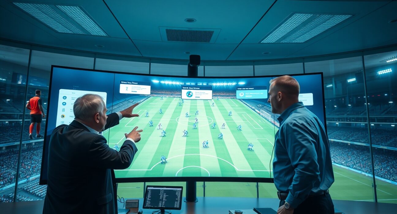 Data analysts reviewing AI-powered soccer match intelligence on a large screen in a high-tech control room