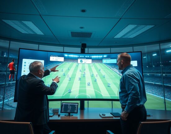 Data analysts reviewing AI-powered soccer match intelligence on a large screen in a high-tech control room