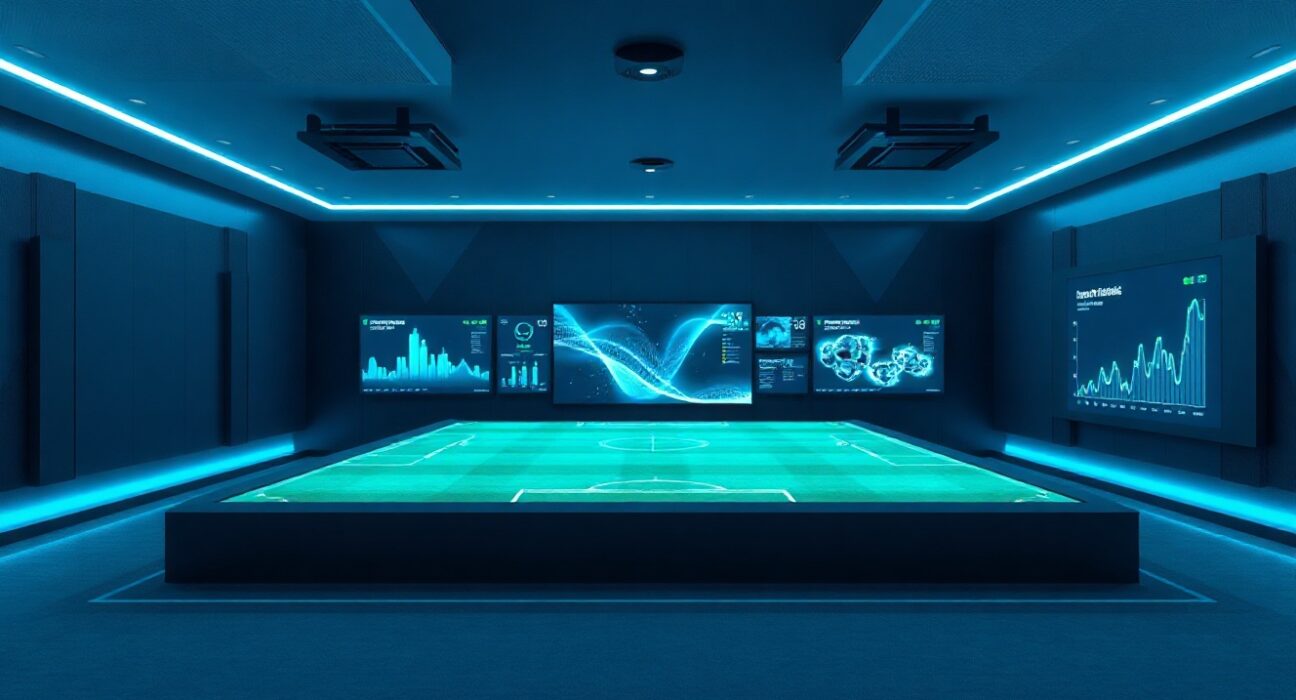 A futuristic sports analytics command center with digital displays showing football data overlays and blockchain visualizations.