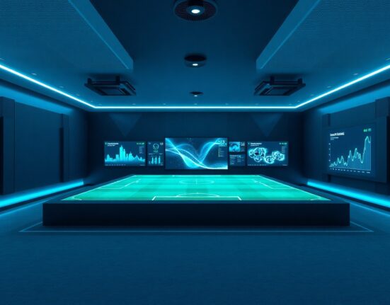 A futuristic sports analytics command center with digital displays showing football data overlays and blockchain visualizations.