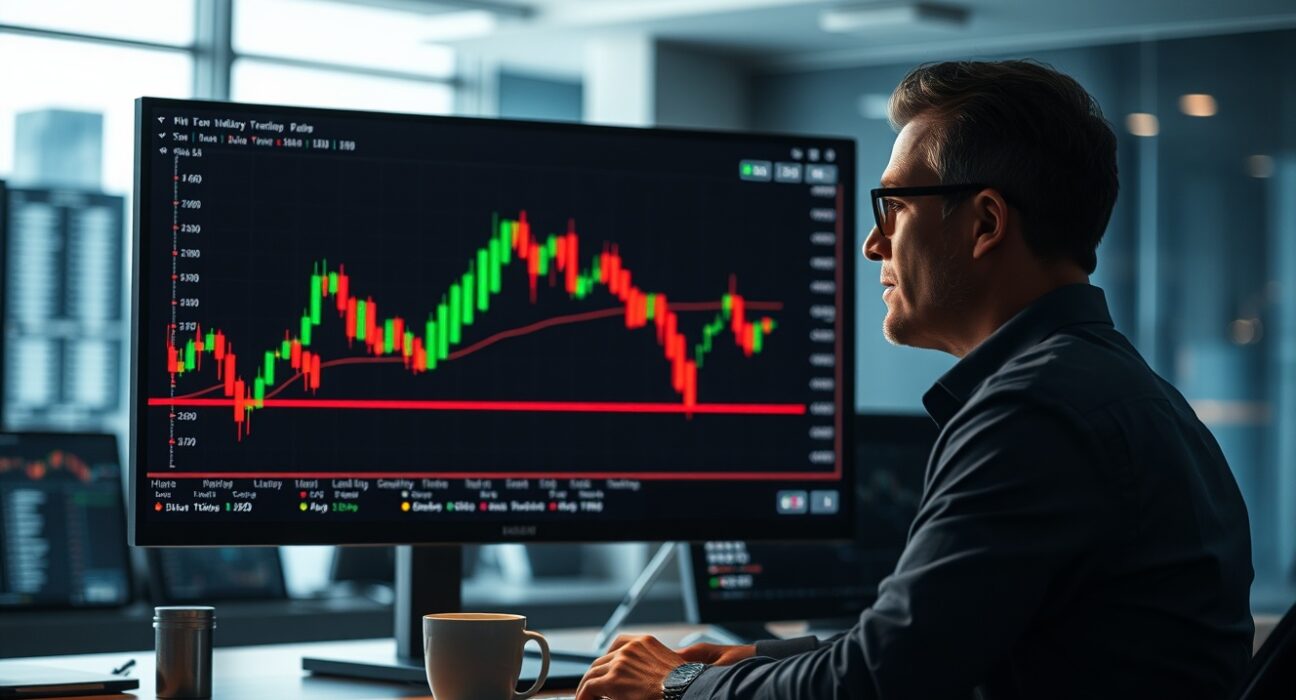 Analyst monitoring Bitcoin price chart with CVD indicator in trading office
