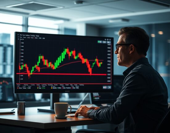 Analyst monitoring Bitcoin price chart with CVD indicator in trading office