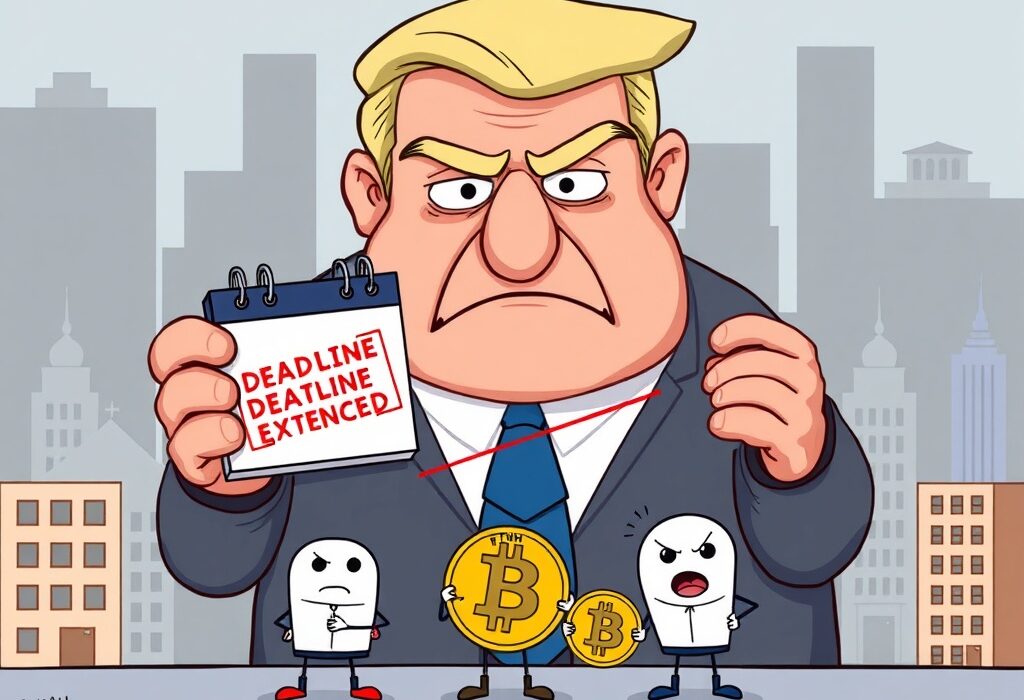A cartoon illustration of the SEC extending the review deadline for a Spot Bitcoin ETF and Solana ETF, causing anxiety for crypto companies.