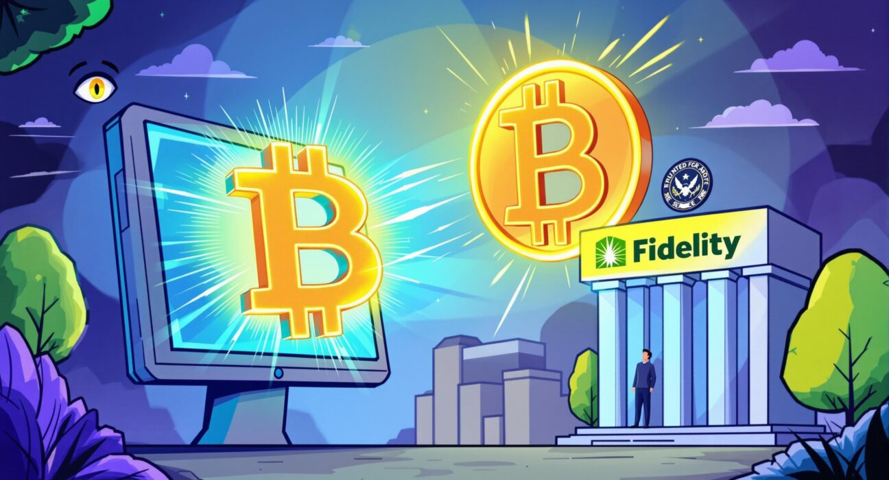 Cartoon illustration showing the seamless exchange of Bitcoin for shares, illustrating Fidelity's in-kind redemption plan for its Spot Bitcoin ETF.