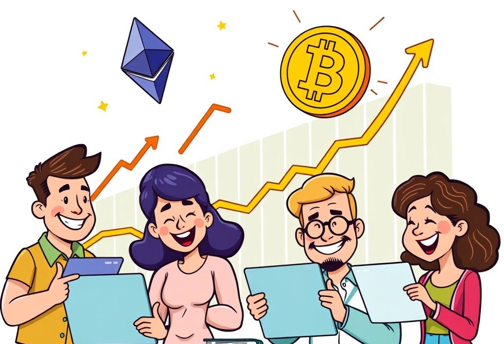 Cartoon illustration showing positive Spot Bitcoin ETF and Spot Ethereum ETF inflows boosting market confidence in the digital asset market.