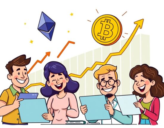 Cartoon illustration showing positive Spot Bitcoin ETF and Spot Ethereum ETF inflows boosting market confidence in the digital asset market.